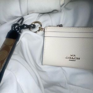 Coach Cream Leather Card Holder with Signature Canvas Wristlet Strap